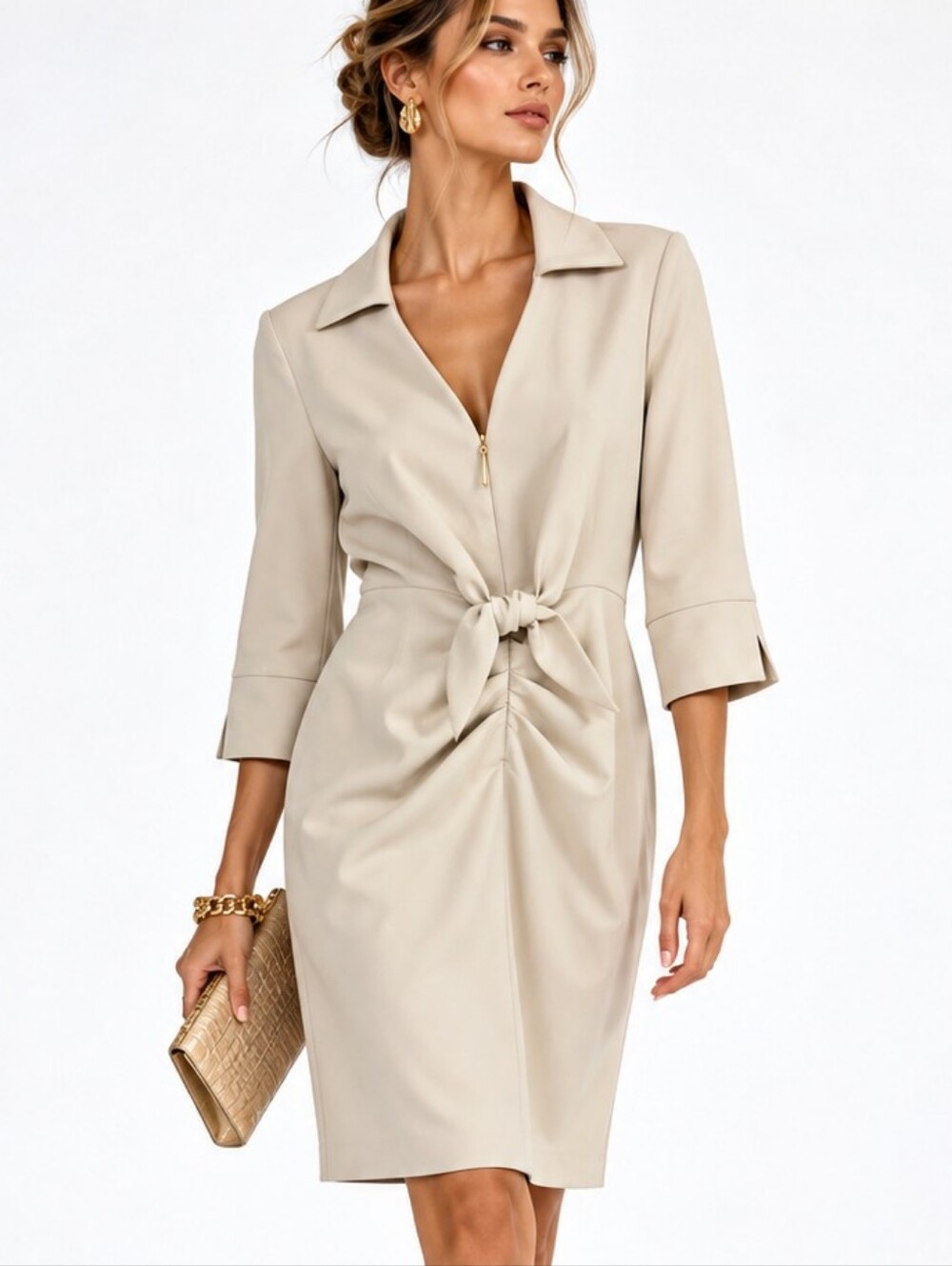 Joseph Ribkoff Dress Taupe Fitted V-neck Ties In Front.